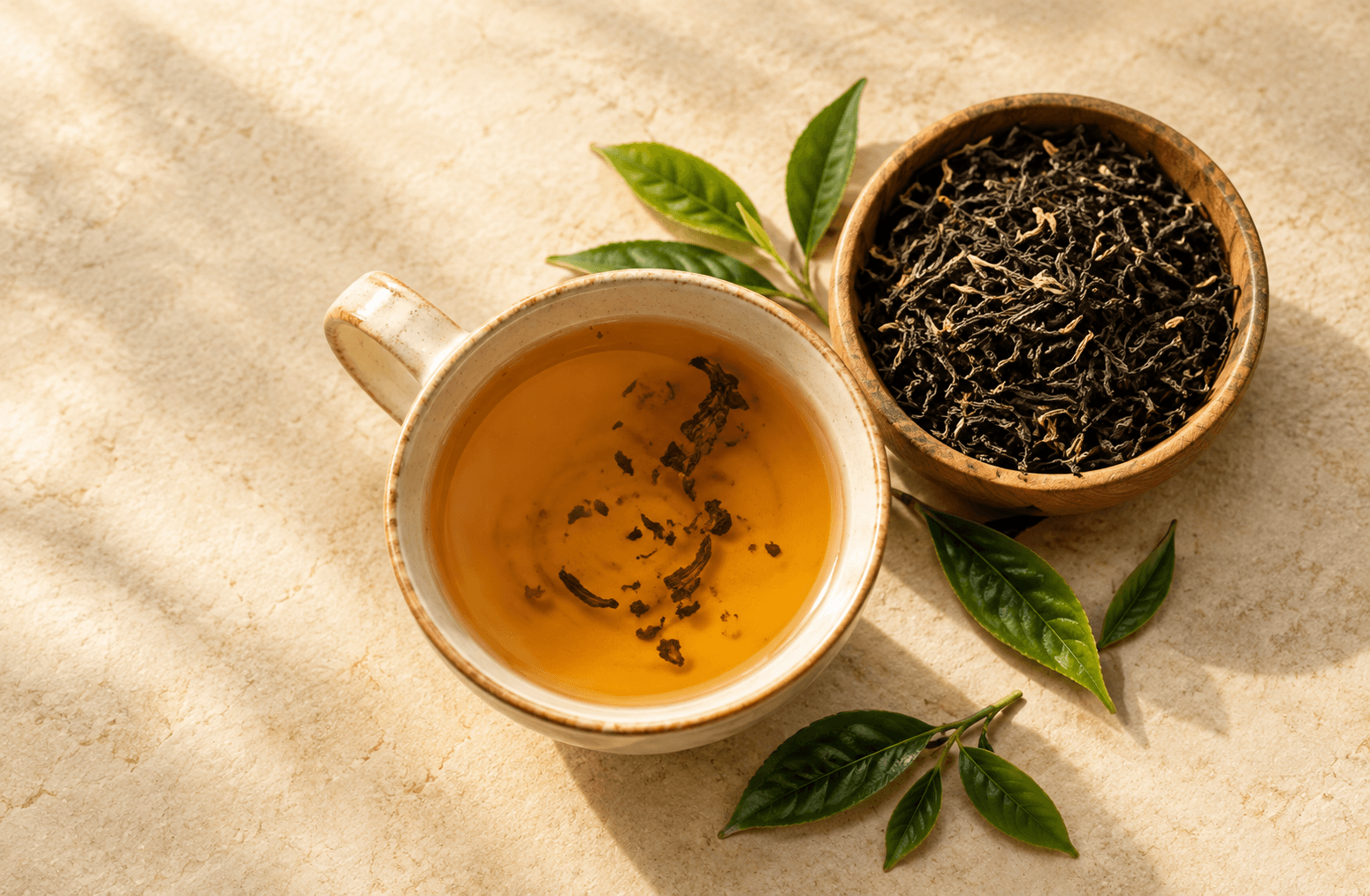 Freshly brewed cup of tea with whole loose leaves and wooden bowl